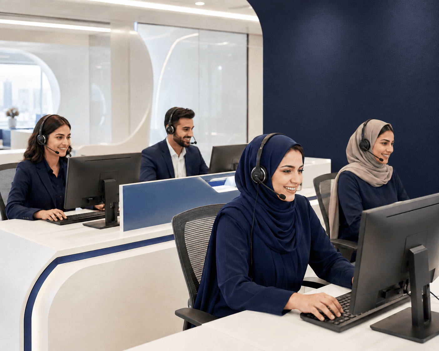 Almas Water customer-care team assisting customers from a modern CRM office